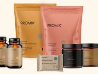 Collection of PROMIX supplements and protein powders, including Prebiotic + Probiotics Debloat, Electrolyte Drink Mix, Protein Puff Bar, Grass-fed Bone Marrow, Bovine Liver, and dietary supplements in D3 + K2 and Iron. Designed for health and wellness.
