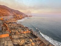Destroyed homes along Pacific Coast Highway in Malibu, CA, during the Palisades Fire on Thursday, January 9, 2025.