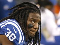 Indianapolis Colts defensive back Sergio Brown (38) sit in the bench area during the loss
