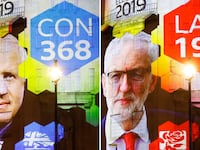 The broadcaster's exit poll results projected on the outside of the BBC building in London.