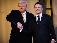US President-elect Donald Trump is welcomed by French president Emmanuel Macron on the sidelines of the Notre-Dame Cathedral re-opening ceremony, at the Elysee Palace in Paris, France on december 7, 2024.