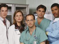 (l-r) Noah Wyle as Doctor John Carter; Sherry Stringfield as Doctor Susan Lewis; Anthony Edwards as Doctor Mark Greene; George Clooney as Doctor Doug Ross; Eriq La Salle as Doctor Peter Benton