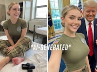 photos from jessicaa.foster instagram showing an ai woman on a bed with her feet showing and with Donald Trump