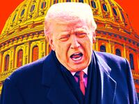 A photo illustration of Trump in front of the Capitol building.