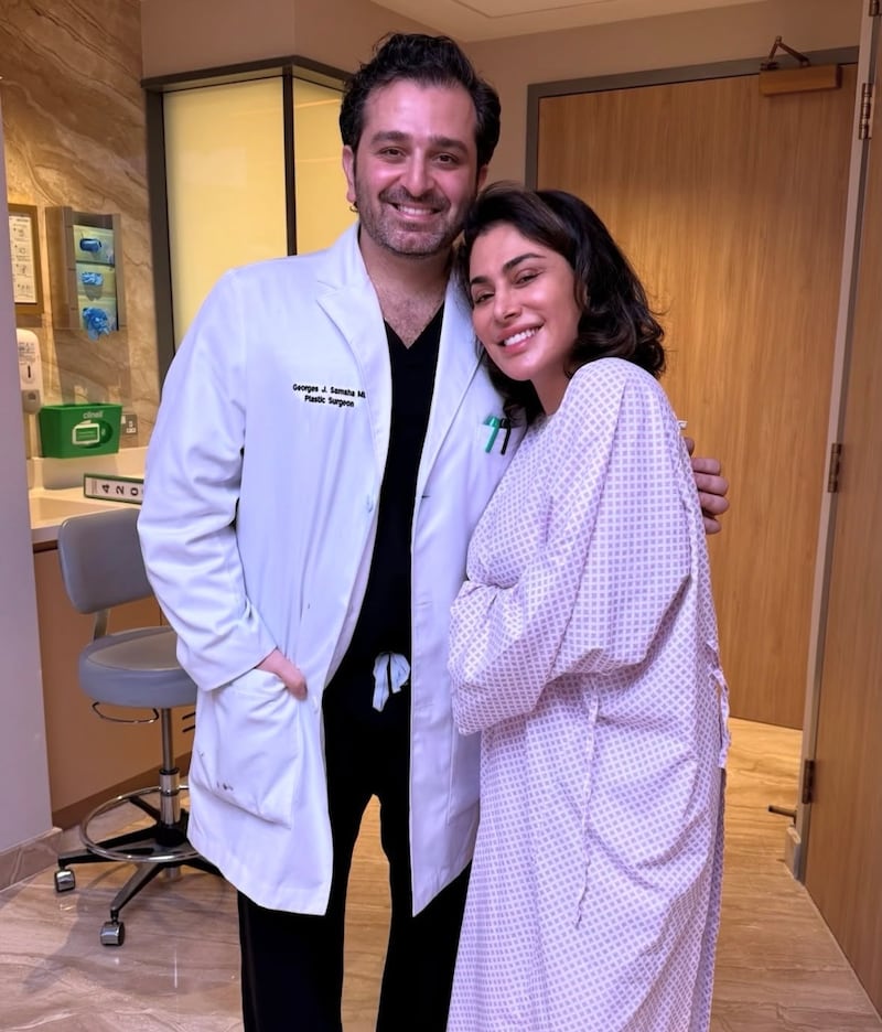 In the post's caption, Huda Kattan thanked her plastic surgeon, Georges J. Samaha.