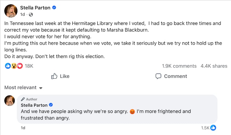 Stella Parton sounded alarms about voting machines in Nashville.