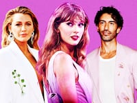A photo illustration of Blake Lively, Taylor Swift, and Justin Baldoni.