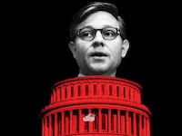 An illustration including Mike Johnson and the Capitol Hill Building