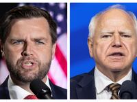 Side-by-side photos of JD Vance and Tim Walz.
