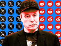 A photo illustration of Elon Musk, and logos of X and Reddit.