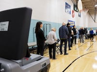 Voters line up in a polling location as voters in Ohio decide whether to enshrine abortion protections into the state constitution