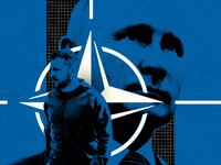 A photo illustration of Russian President Vladamir Putin and Ukrainian President Volodymyr Zelenskyy overlayed with the NATO flag