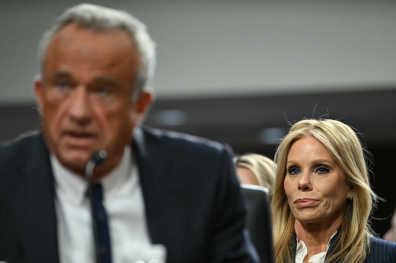 Cheryl Hines (R) looks on as US Secretary of Health and Human Services nominee Robert F. Kennedy Jr. testifies during a Senate Finance Committee hearing on his nomination to be Health and Human Services Secretary, on Capitol Hill in Washington, DC, January 29, 2025. (Photo by ANDREW CABALLERO-REYNOLDS / AFP) (Photo by ANDREW CABALLERO-REYNOLDS/AFP via Getty Images)