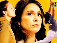A photo illustration of Tulsi Gabbard and Gabbard doing yoga for The Swamp.