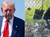 Former President Donald Trump, left, and a backpack left by a gunman on the former president’s golf course.