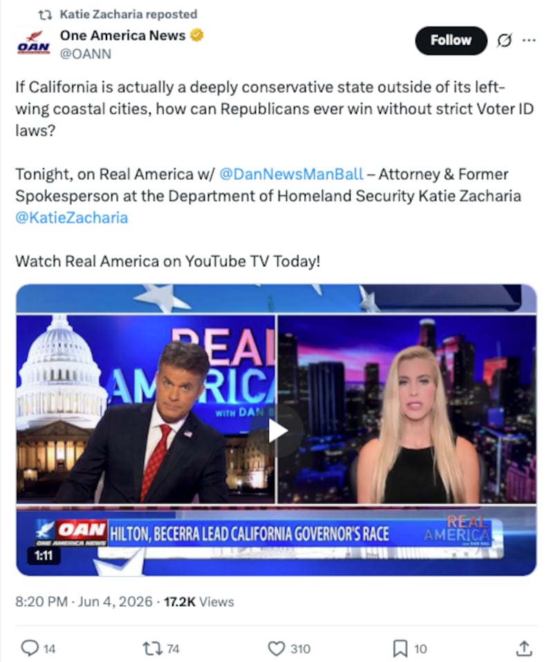 Zacharia repeatedly shared OAN clips that identified her as an "attorney."