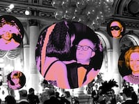 A photo illustration of party goers at Truman Capote’s Black and White Ball overlaying a scene of the recreation for ‘Feud: Capote vs. the Swans.’