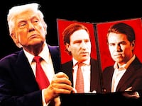 A photo illustration of President Donald Trump holding up an executive order with the faces of Chris Krebs and Miles Taylor.