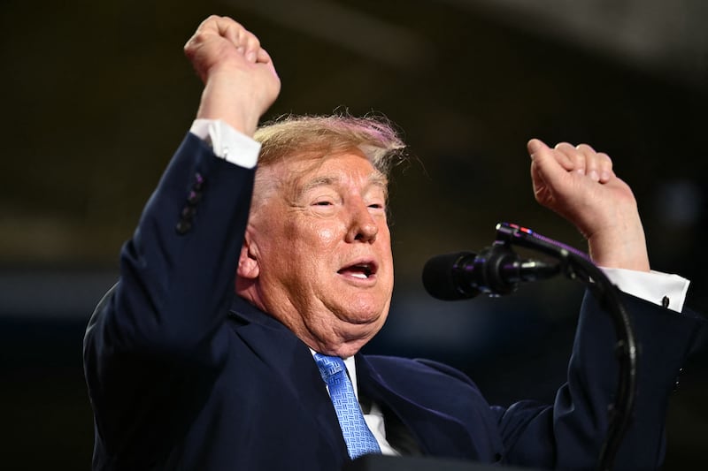 President Donald Trump speaks at a midterm campaign rally at Crossroads Arena in Corinth, Mississippi on October 26, 2026.