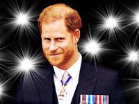 A photo illustration of Prince Harry and camera flashes.