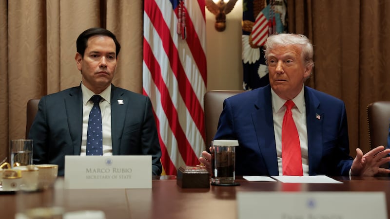 WASHINGTON, DC - APRIL 10: U.S. Secretary of State Marco Rubio speaks alongside U.S. President Donald Trump during a Cabinet meeting at the White House on April 10, 2025 in Washington, DC. President Trump convened a Cabinet meeting a day after announcing a 90-day pause on ‘reciprocal’ tariffs, with the exception of China. (Photo by Anna Moneymaker/Getty Images)