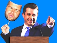 Pete Buttigieg holding a JD Vance mask