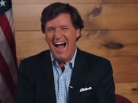 An image of Tucker Carlson from his interview with Donald Trump