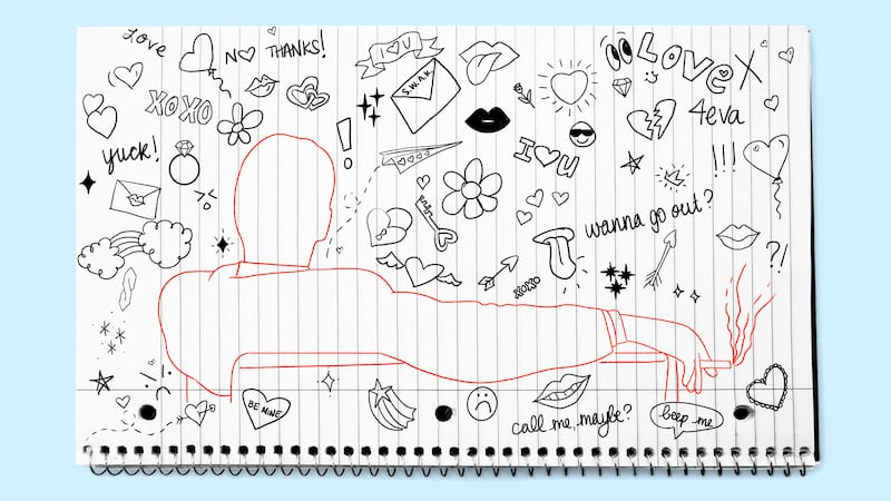 High school notebook with doodles and Don Draper of Mad Men