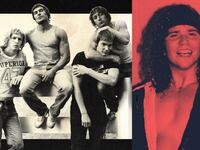 A photo illustration of the Von Erich brothers in Iron Claw and the real life Eric Von Erich