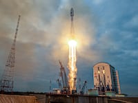 The lunar landing spacecraft Luna-25 blasts off from a launchpad in Russia.
