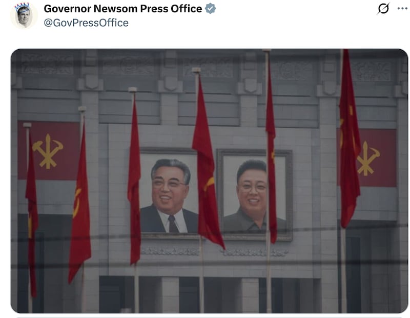 Governor Newsom's office reacting to the banner of Donald Trump outside the Justice Department.