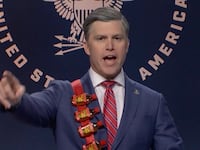 Colin Jost as Pete Hegseth on SNL.