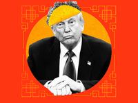 Donald Trump on a red background with a taco on his head