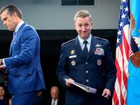 Defense Secretary Pete Hegseth and Chairman of the Joint Chiefs of Staff Air Force Gen. Dan Caine arrive for a news conference at the Pentagon on June 26, 2025 in Arlington, Virginia.