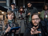 Jessica Hynes, Daniel Brühl, Isaac Powell, Aya Cash, Himesh Patel, and Lolly Adefope in 'The Franchise'