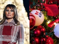 Melania Trump in front of a Christmas tree (left), ornaments with Melania Trump's "Be Best" initiative slogan written on them hang on a tree (right)