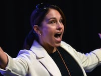 Filmmaker/actor Amy Jo Johnson is seen during the Amy Jo Johnson from "Mighty Morphin Power Rangers" panel at 2022 Los Angeles Comic Con at Los Angeles Convention Center on December 04, 2022 in Los Angeles, California.