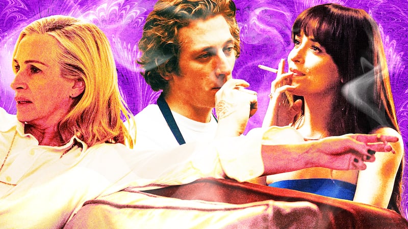 A photo illustration of Julia Roberts, Jeremy Allen White, and Dakota Johnson.