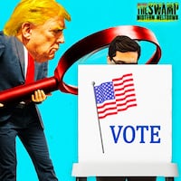 A photo illustration of Donald Trump at a voting booth with a magnifying glass.