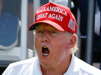 Former President Donald J. Trump at the first tee during the final round of LIV Golf Bedminster on August 13.