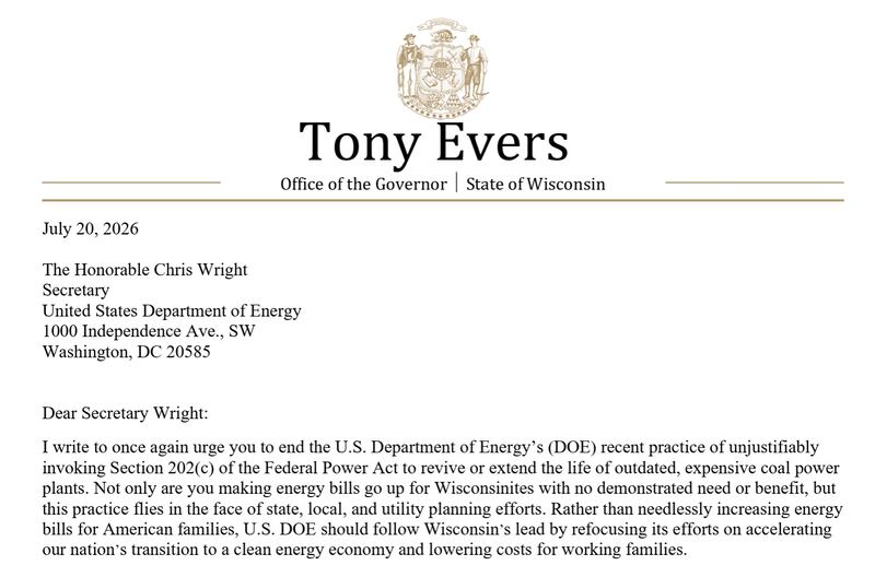 Gov. Tony Evers letter to Secretary Wright.