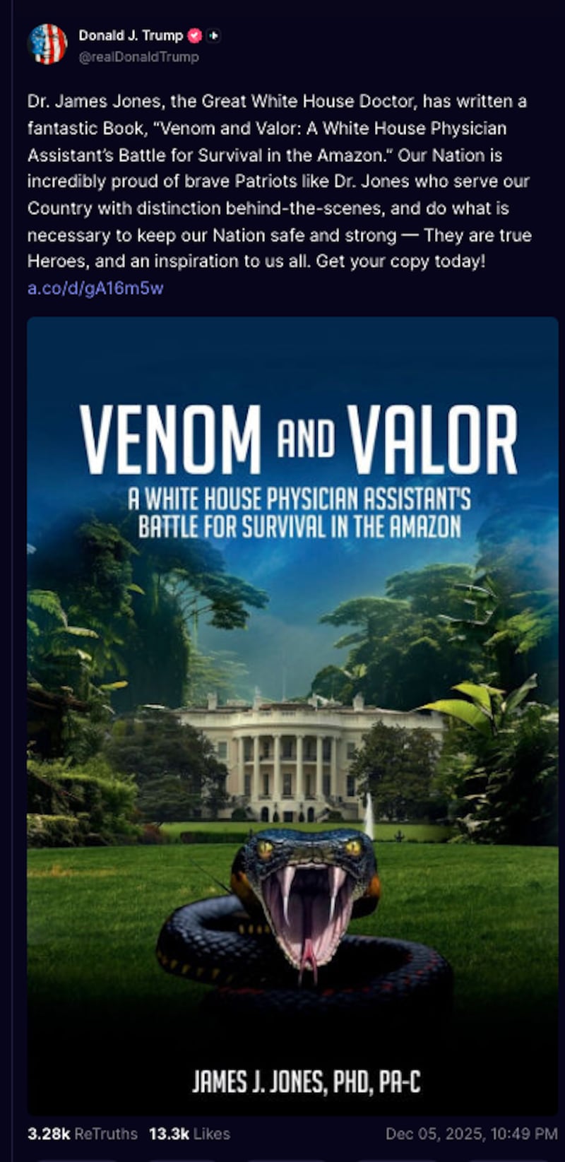 Venom and Valor book cover featured in Donald Trump's Truth Social post.