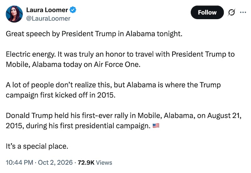 Laura Loomer's post about the Mobile rally.
