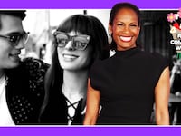 A photo illustration of Robinne Lee in front of a still of Nicholas Galitzine and Anne Hathaway