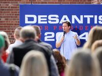 Republican U.S. presidential candidate and Florida Governor Ron DeSantis campaigns during his "Never Back Down" tour ahead of his appearance at the Iowa State Fair.