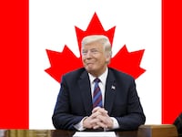 An image of President-elect Donald Trump smiling at a desk in the Oval Office is shown, superimposed over an image of the Canadian flag.