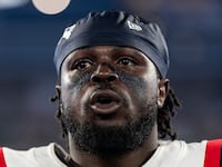 Jabrill Peppers of the New England Patriots looks on during the national anthem prior to an NFL football game between the New York Jets and the New England Patriots at MetLife Stadium on Sept. 19, 2024, in East Rutherford, New Jersey.
