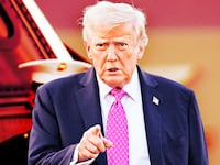 A photo illustration of Donald Trump pointing while he walks to Air Force One at Morristown Airport on Sept. 14, 2025 in New Jersey.
