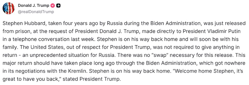 Trump's Truth Social post.