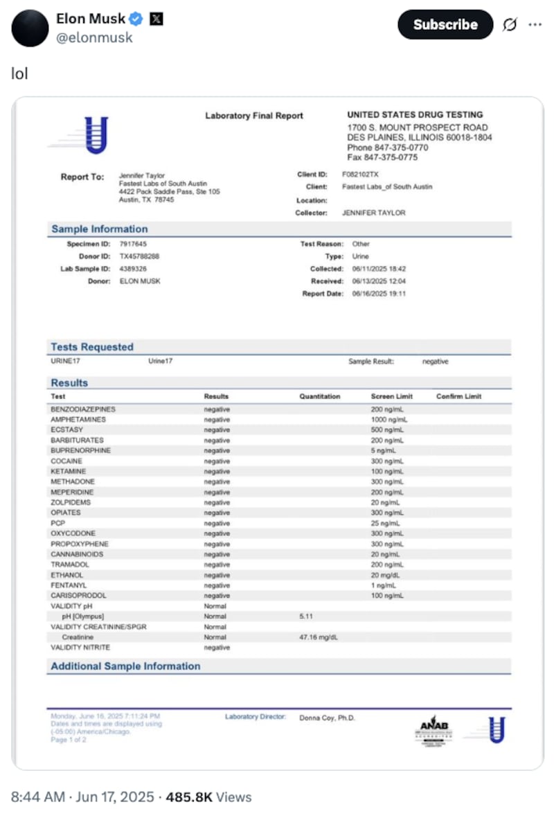 A screenshot of Musk's drug test results coming up negative.